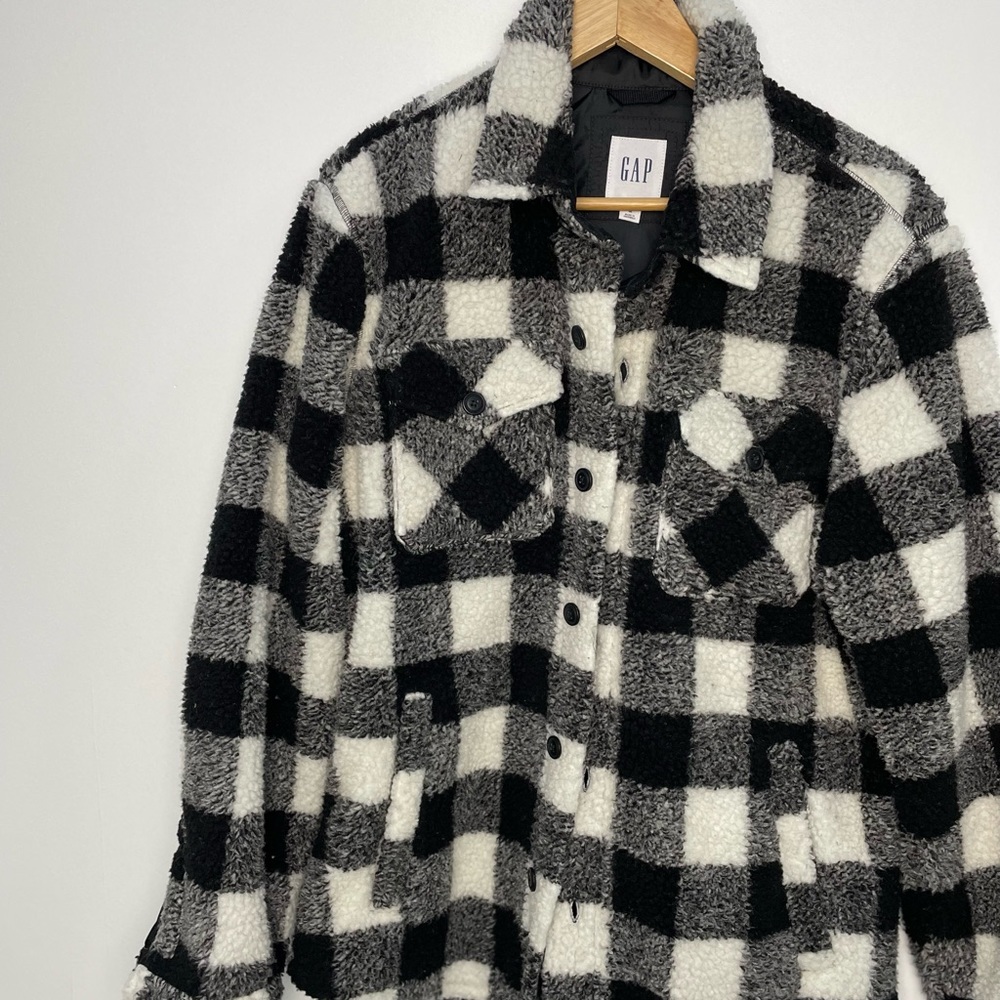 Gap Factory Men's Fleece Sherpa Shirt Jacket Plaid in Black and White, Size M